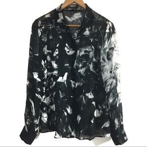 Theory Floral Silk Button Down Shirt Black Bamboo